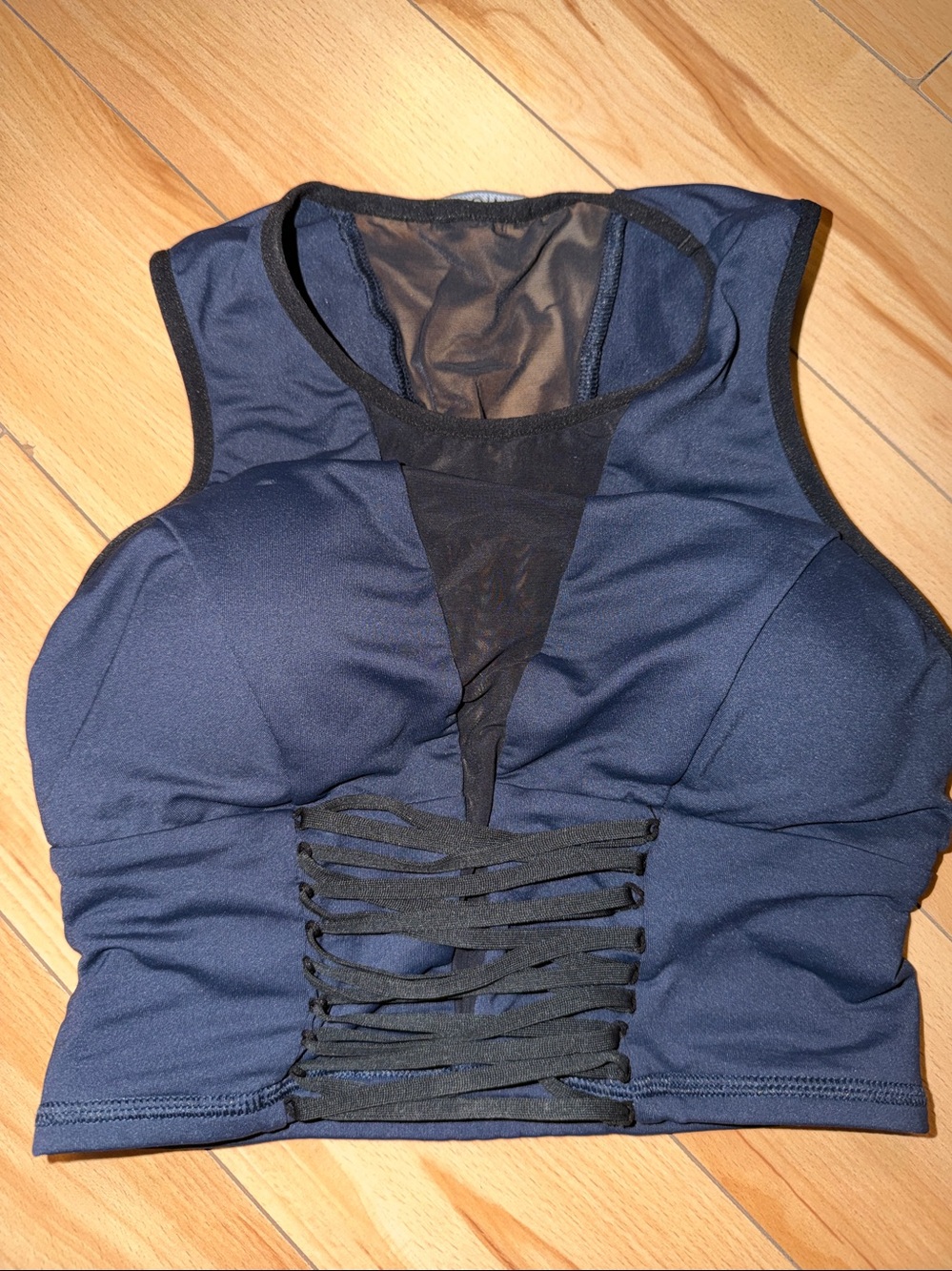 MICHI Navy Blue and Black Lace-Up Mesh Crop Top